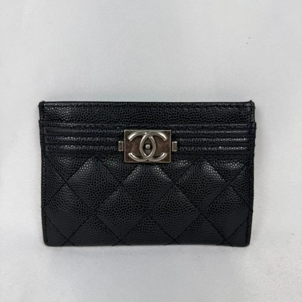 Chanel Boy Card Holder Black Caviar Leather Silver Hardware CC Logo Wallet